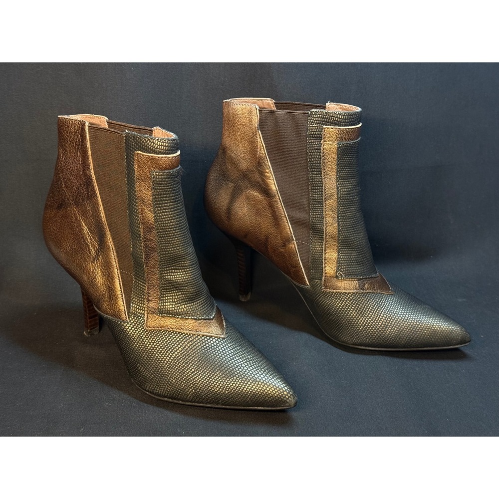 Donald J Pliner Hamo Metallic Bronze Black Snake Embossed Career Ankle Boot 7.5M